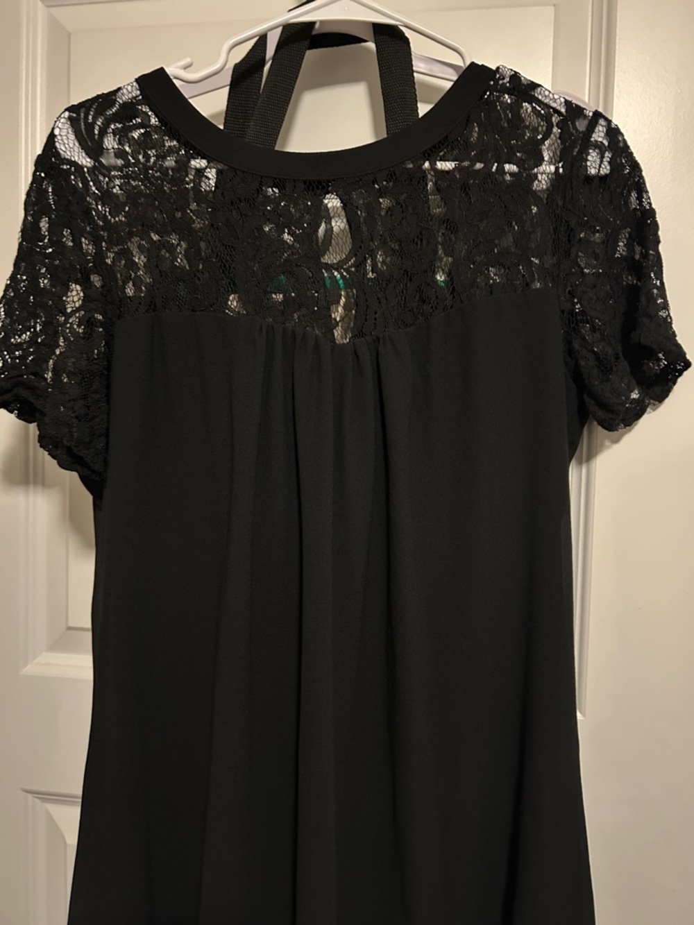 Black Lace Yoke Short Sleeve Blouse for Women